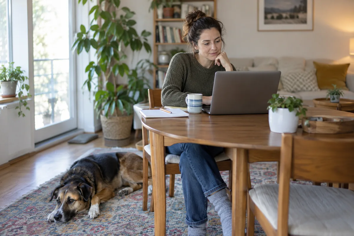An adult comparing service information on a laptop with a notebook nearby and a dog resting at their feet