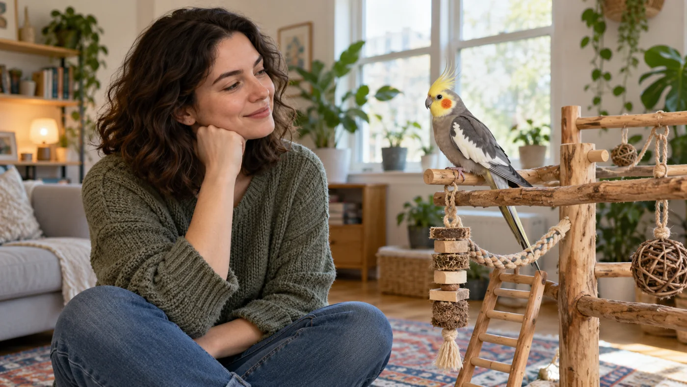An adult sitting quietly beside a cockatiel on a wooden play stand in a bright apartment