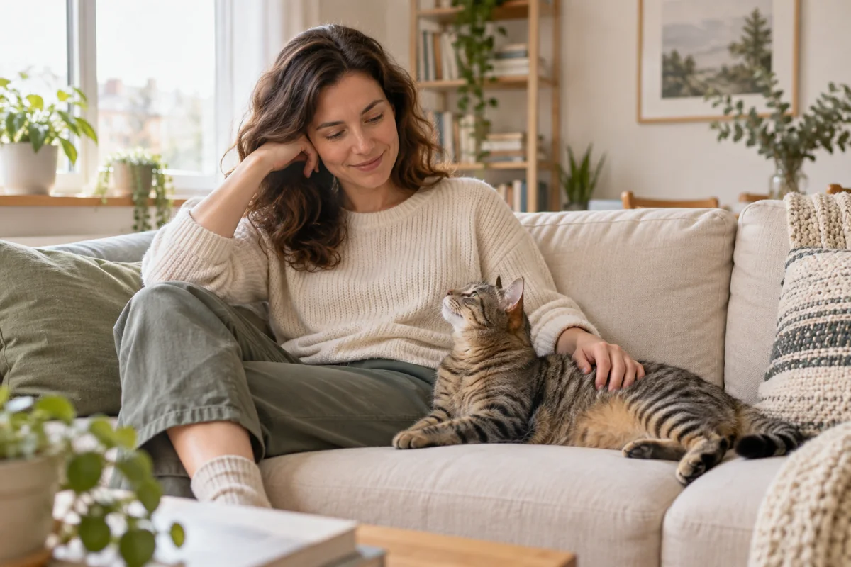 A relaxed adult sharing a quiet sofa with a companion tabby cat in a bright apartment