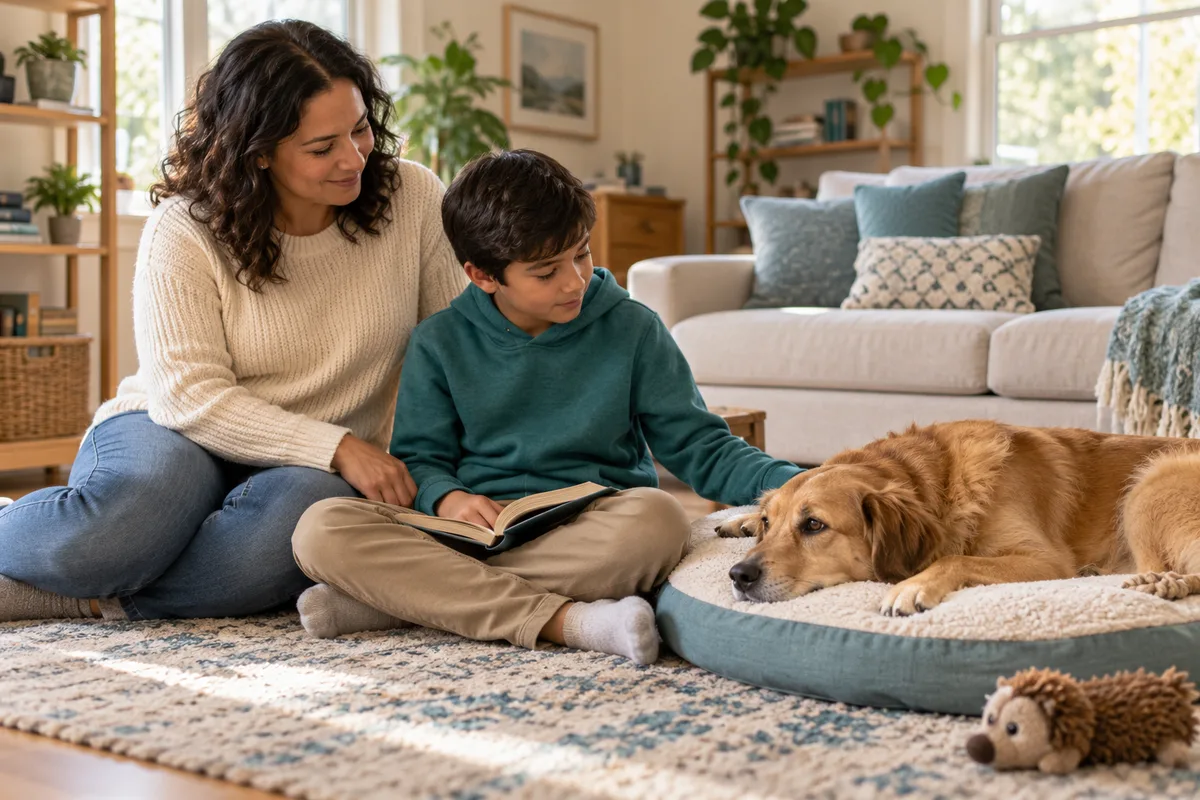 A parent supervising a child sitting calmly beside a resting dog at home