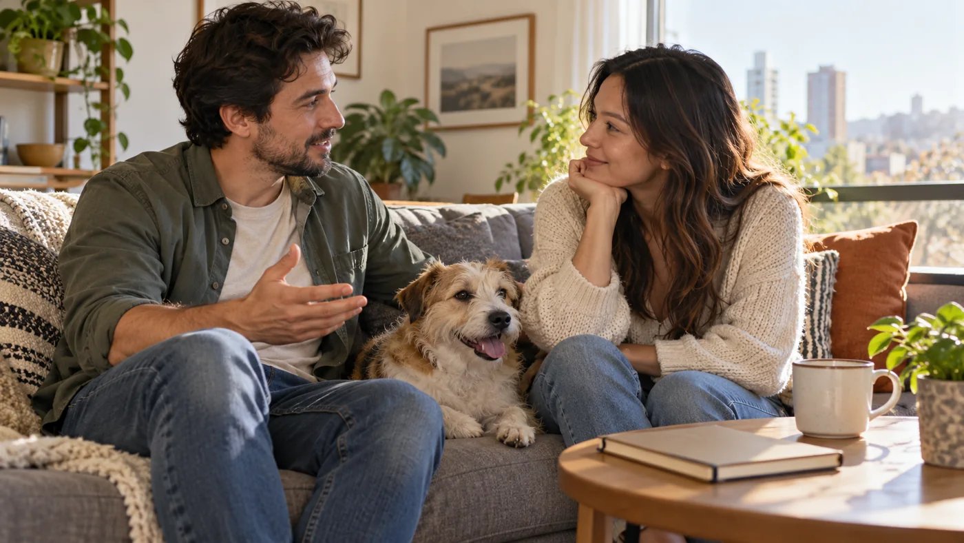 Two adult partners talking on a sofa with one relaxed dog between them