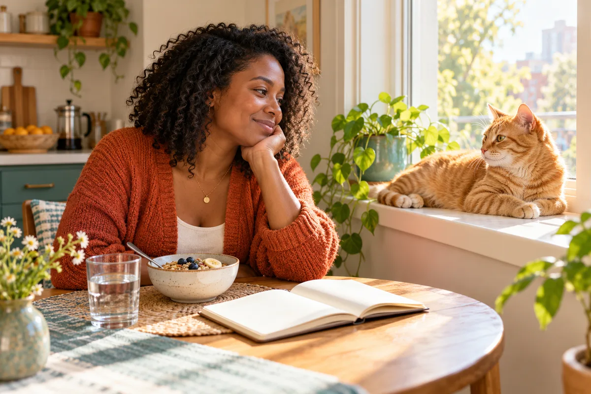 A woman planning her morning at a table while her ginger cat rests nearby by a window