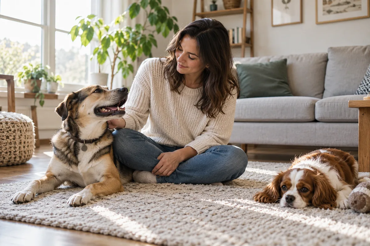 An adult calmly interacting with companion dogs in a bright living room