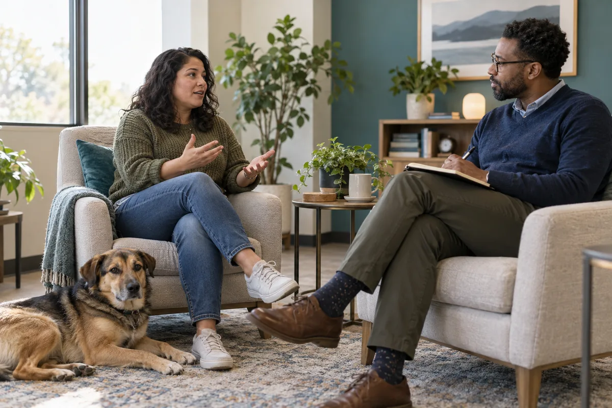 A patient discussing emotional support needs with a therapist while a dog rests beside their chair