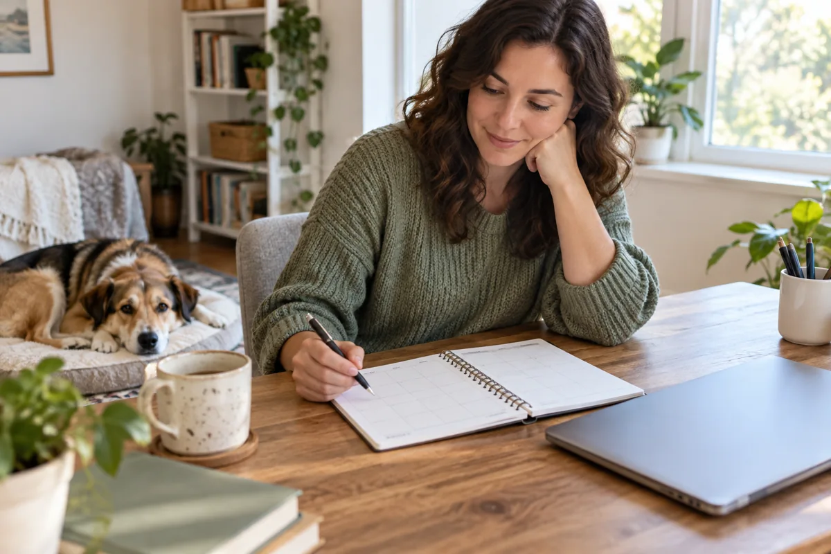 An adult reviewing a weekly planner at a home desk while a dog rests beside the chair