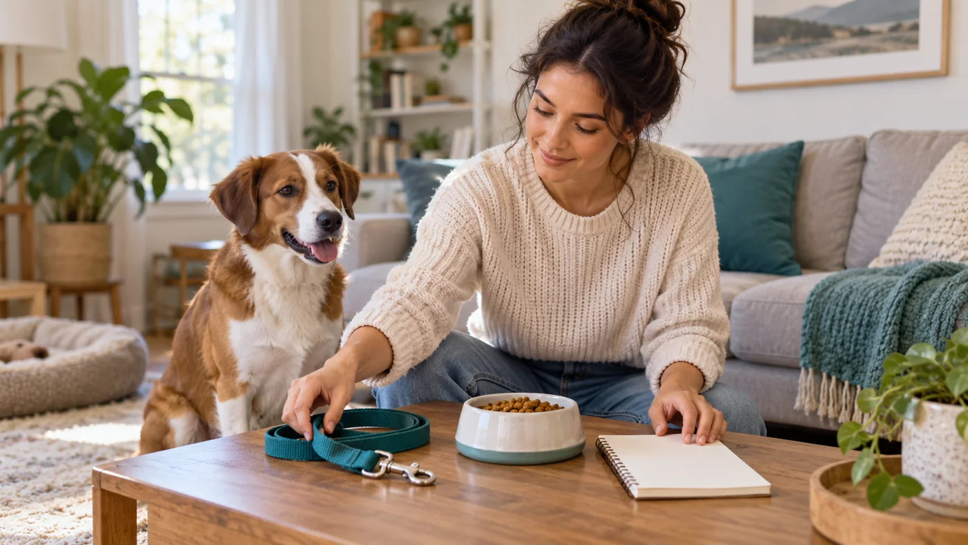 A pet owner arranging a leash, bowl and plain notebook while a brown and white dog sits nearby