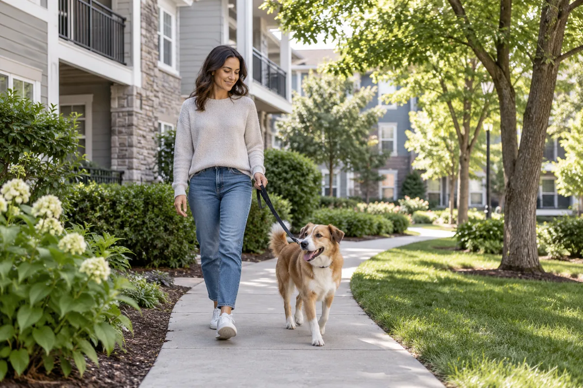A resident walking a leashed dog along a landscaped condominium walkway