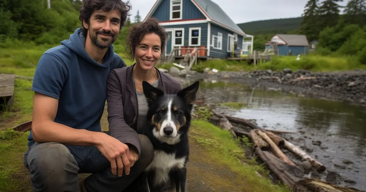 Couple kneeling outdoors with their black and white dog in front of a house