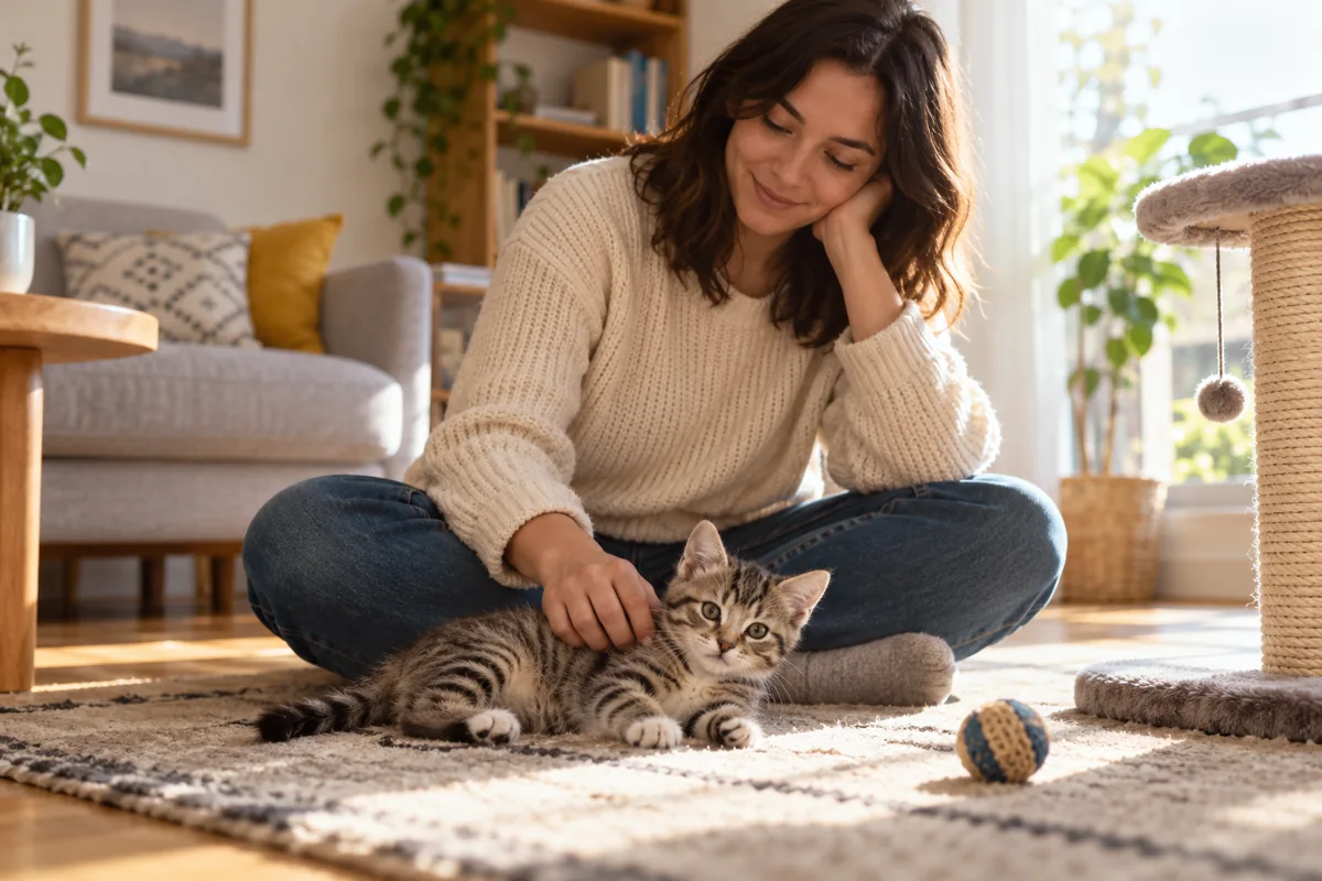 A tabby kitten resting beside an adult on the floor of a sunlit apartment