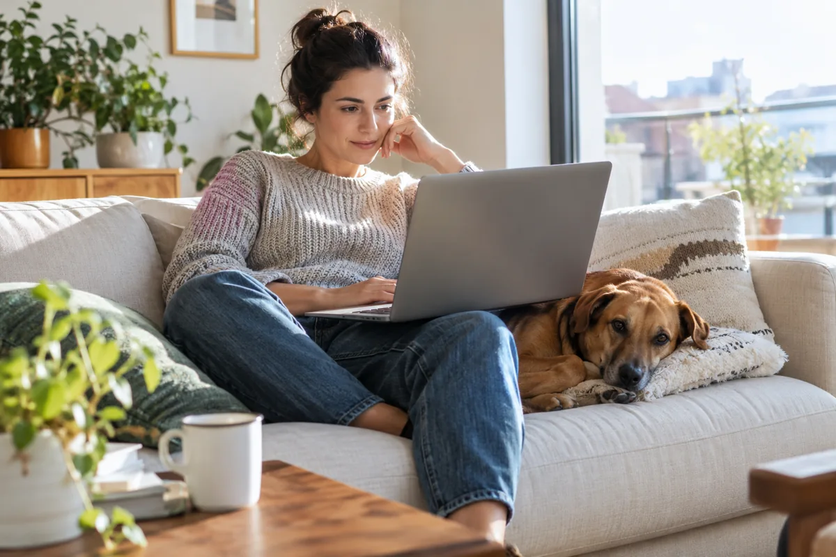 An adult reviewing information on a laptop while a relaxed dog rests beside them in an apartment