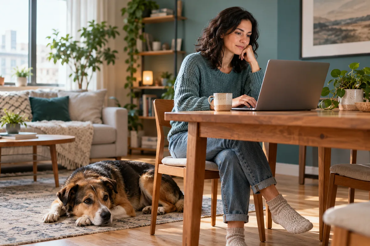 An adult reviewing information on a laptop at home while a relaxed dog rests beside the chair