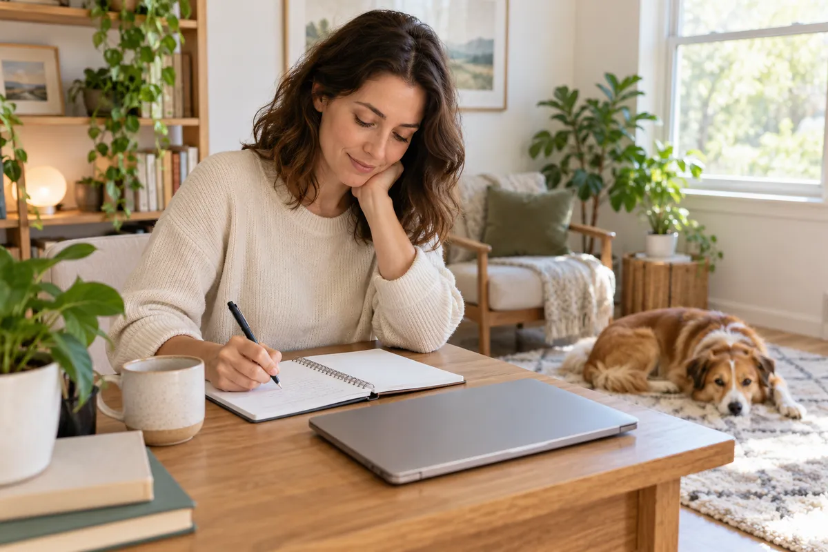 An adult preparing appointment questions at a home desk while a dog rests nearby