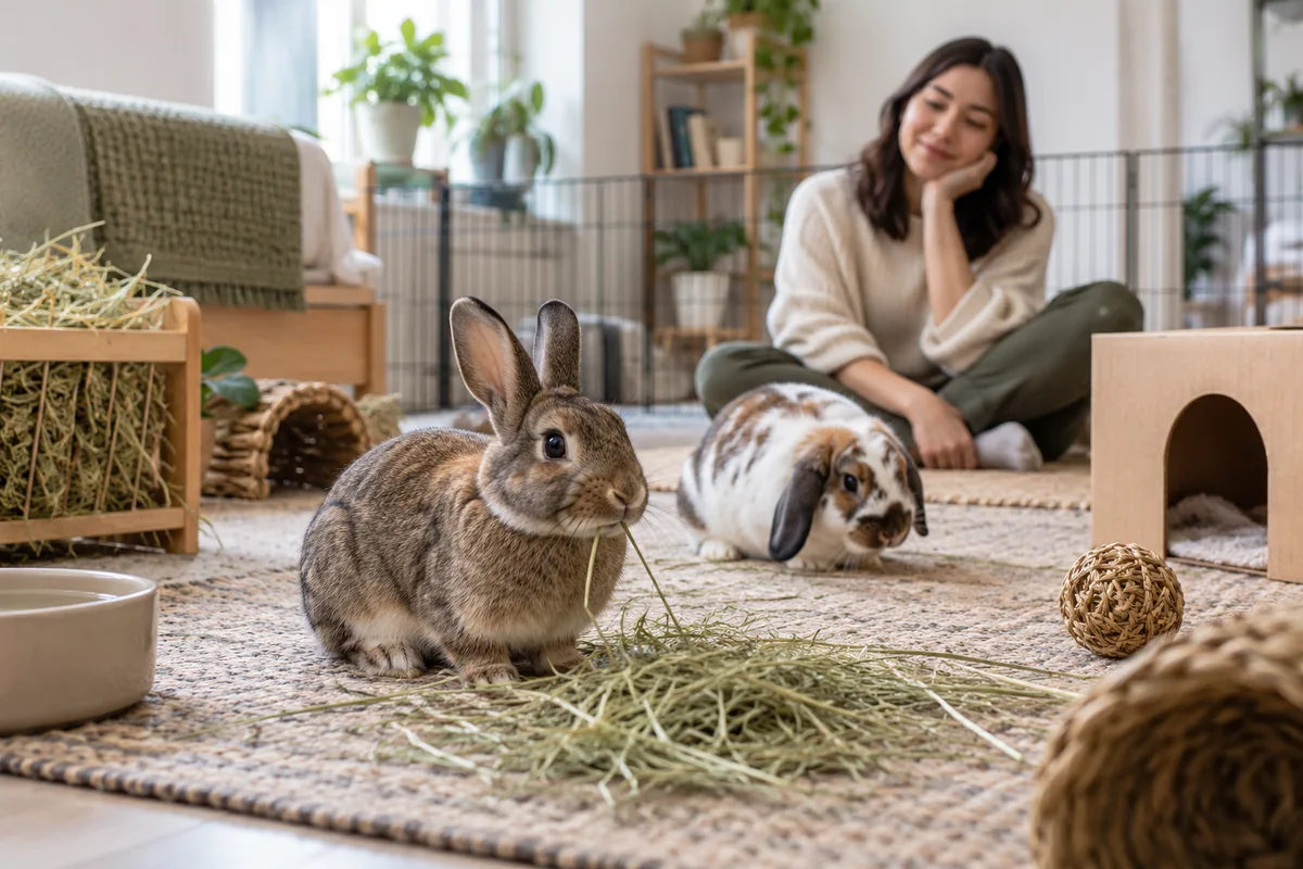 Two relaxed rabbits in a spacious indoor exercise area while an adult sits nearby