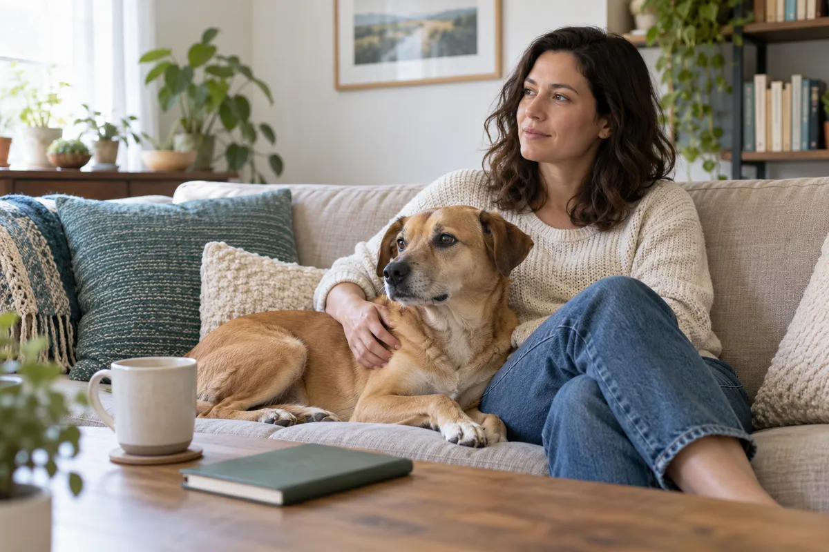A woman sharing a quiet moment with her dog beside a notebook in a sunlit living room