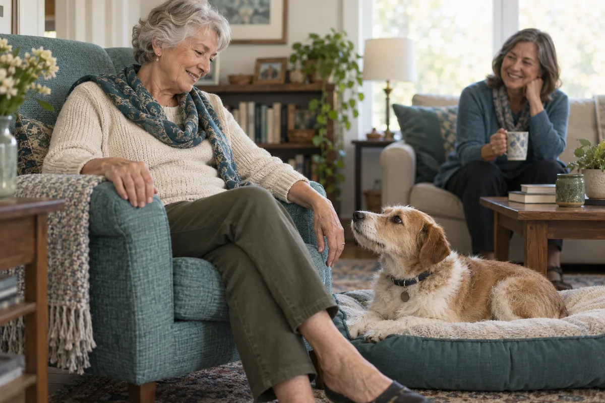 An older woman enjoying a calm moment with a dog at home while a friend visits