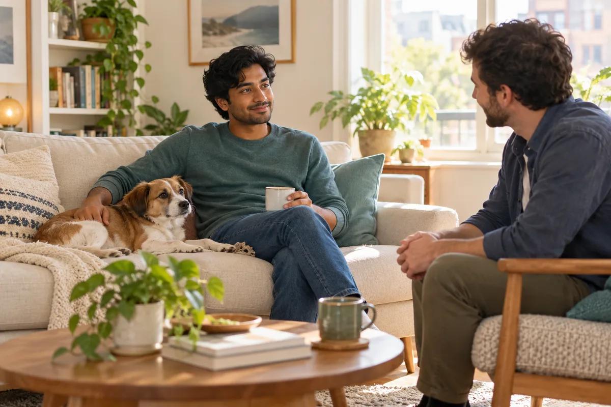 A man sitting with his dog at home while having a quiet conversation with a friend