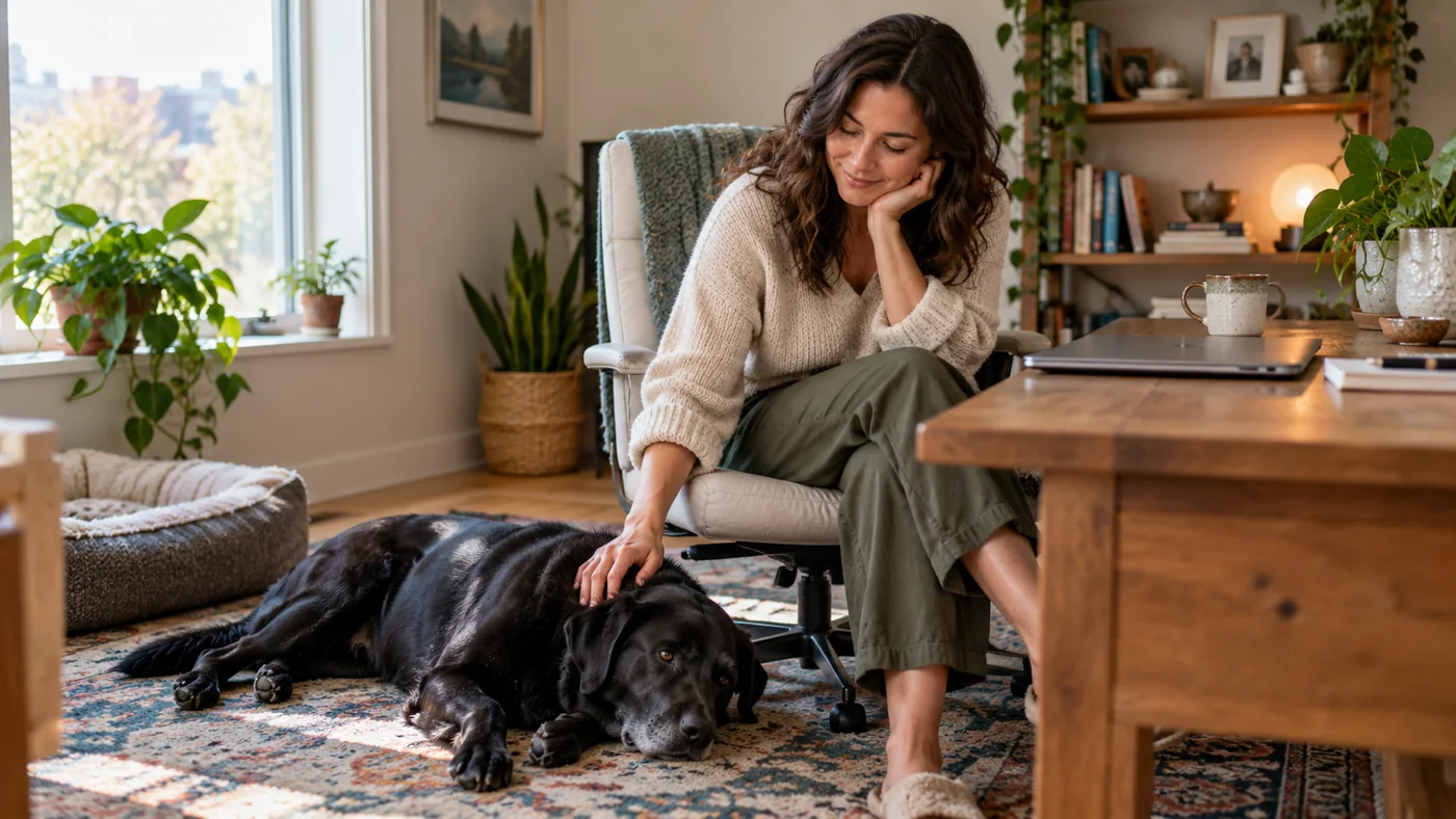 A woman taking a quiet work-from-home break beside her relaxed black dog