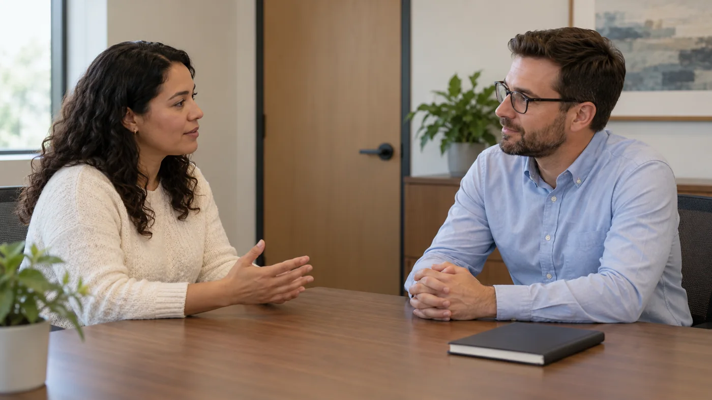 Two adults having a private discussion across a desk in an office meeting room