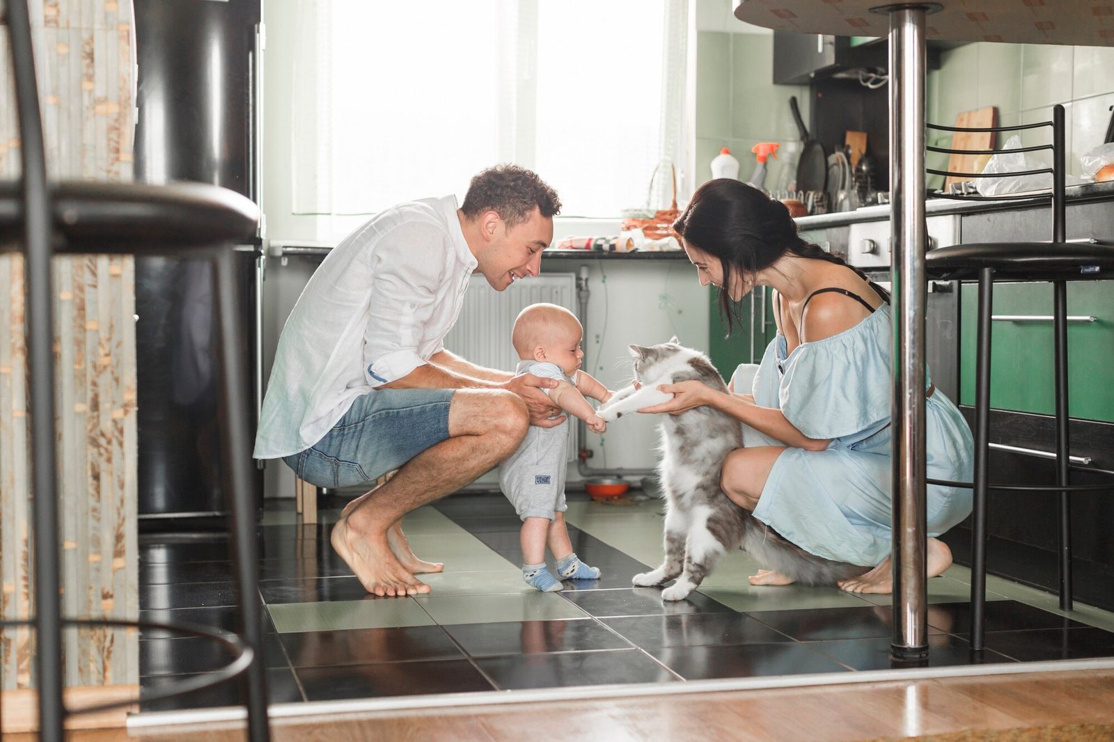 Family in their kitchen, with a parent and baby reaching out to a grey cat