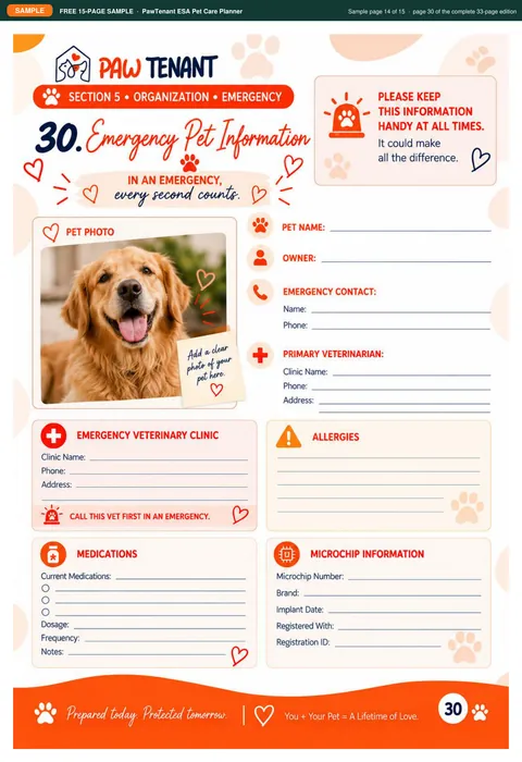 Sample page 14: emergency pet information