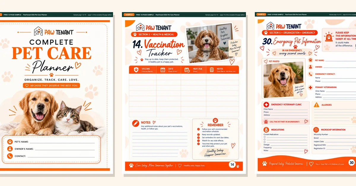 Three pages of the free 15-page PawTenant Pet Care Planner sample: cover, vaccination tracker and emergency information