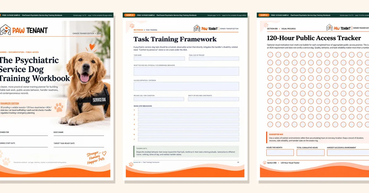 Three pages of the free 15-page PawTenant PSD Training Workbook sample: cover, task training framework and 120-hour tracker