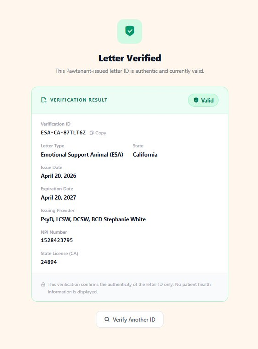 PawTenant verification result confirming a letter is authentic. Shows letter type, state, issue and expiration dates, issuing provider, NPI, and license. No patient health information is displayed.